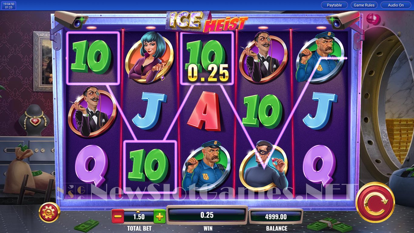 Screenshot des Slot-Spiels 'Ice Heist' im Ice Casino, zeigt Bonus-Symbole und Multiplikatoren auf den Walzen.