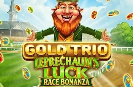 Gold Trio Leprechauns Luck Race Bonanza Slot Logo